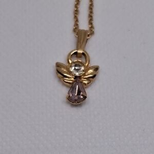 Gold Angel Pendant Necklace with Clear and Light Pink Stones by